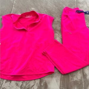 Figs Hot Pink Polo Scrub Top with Matching Drawstring Pants